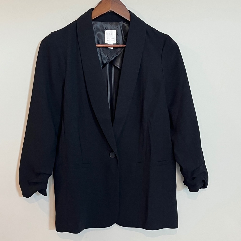 LC Lauren Conrad Women's Black Shawl Collar Ruched Sleeve Blazer Size S